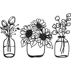 3 Pieces Metal Flower Wall Decor Minimalist Vase Wall Art Black Tulip Wire Iron